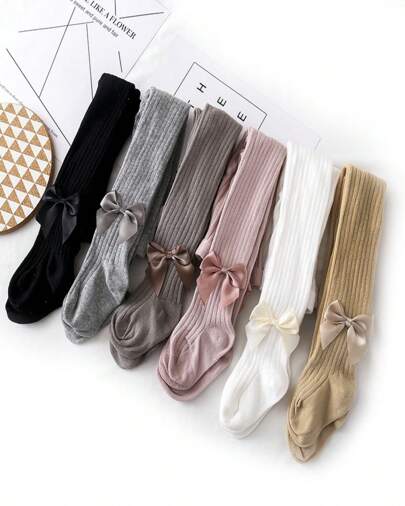 Medias gruesas con arco para bebés y niños pequeños, en negro, rosa y blanco, cómodas para exteriores en primavera, otoño e invierno