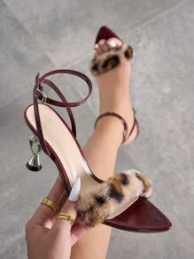 Women Sexy Ankle Strap Mirror Stilettos, Leopard Fur Decorated, Suitable For Nightclub, Party, Outdoor, Special Occasions, Halloween, Mardi Gras. Elegant Wine Red High Heels Sandals For Spring And Summer