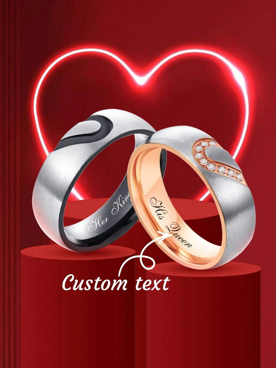2 piezas Anillos de pareja en forma de corazón de acero inoxidable con texto grabado por láser, ideal como regalo personalizado para el Día de San Valentín, boda - estilo - Ver 1