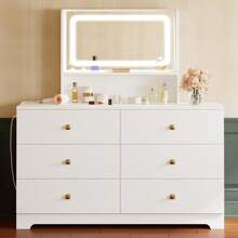 LIKIMIO Dresser With LED Lighted Mirror & Power Outlet, 6 Drawer Dresser For Bedroom Hallway Entryway, White - trắng - Xem 2