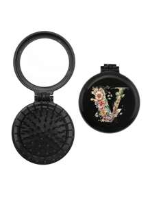 1 buah Sisir Mini Eksklusif Pernikahan Motif Bunga 26 Huruf yang Lucu, Sisir Mini Bantalan Udara yang Ringkas dan Portabel dengan Pijat Kantung Udara Lipat, Cermin Terintegrasi, Penting untuk Perjalanan dan Berkemah - Hitam - View 27