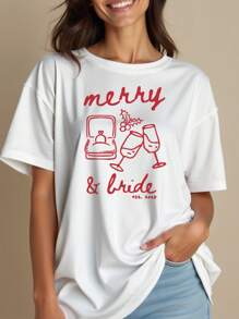 Oversized Style For Women, Merry & Bride T-Shirt Festive Celebration Of Love With Playful Design, Perfect For Bridal Parties, Loose Type Shirt For Women, Perfect For Holiday Parties Or Gift Giving, Soft And Comfortable