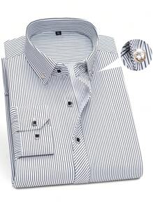 男士竖条纹修身长袖正装衬衫，钻石纽扣，柔软透气商务正装西装衬衫，伴郎装，适合秋季 - 黑色 - 查看 1