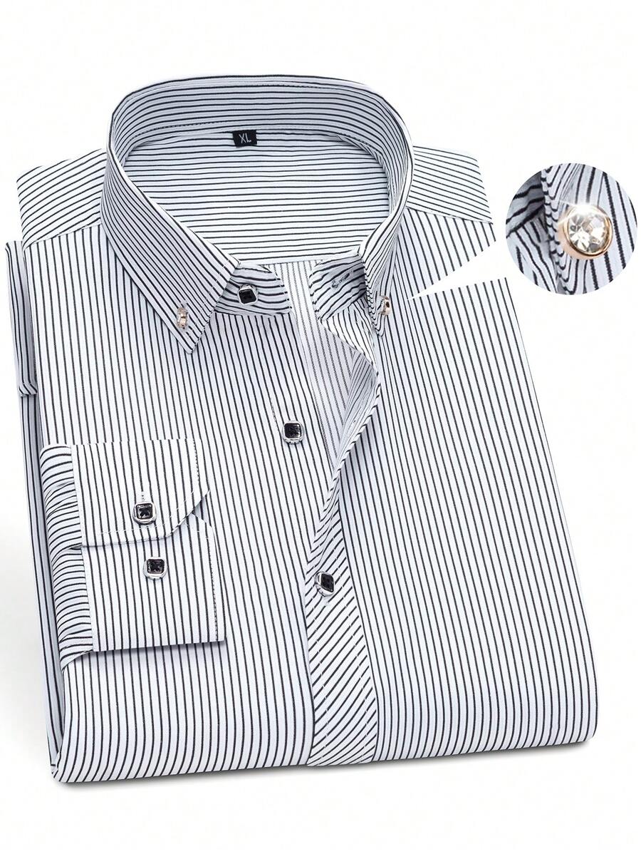 男士竖条纹修身长袖正装衬衫，钻石纽扣，柔软透气商务正装西装衬衫，伴郎装，适合秋季 - 黑色 - 查看 1