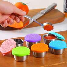 6pcs/1pc 304 Stainless Steel Condiment Dishes, 1.5oz Airtight Sauce Cups With Lids, Leak-Proof Salad Dip Dressing Bowls For Picnics, Kitchen, Christmas Gift,School Supplies