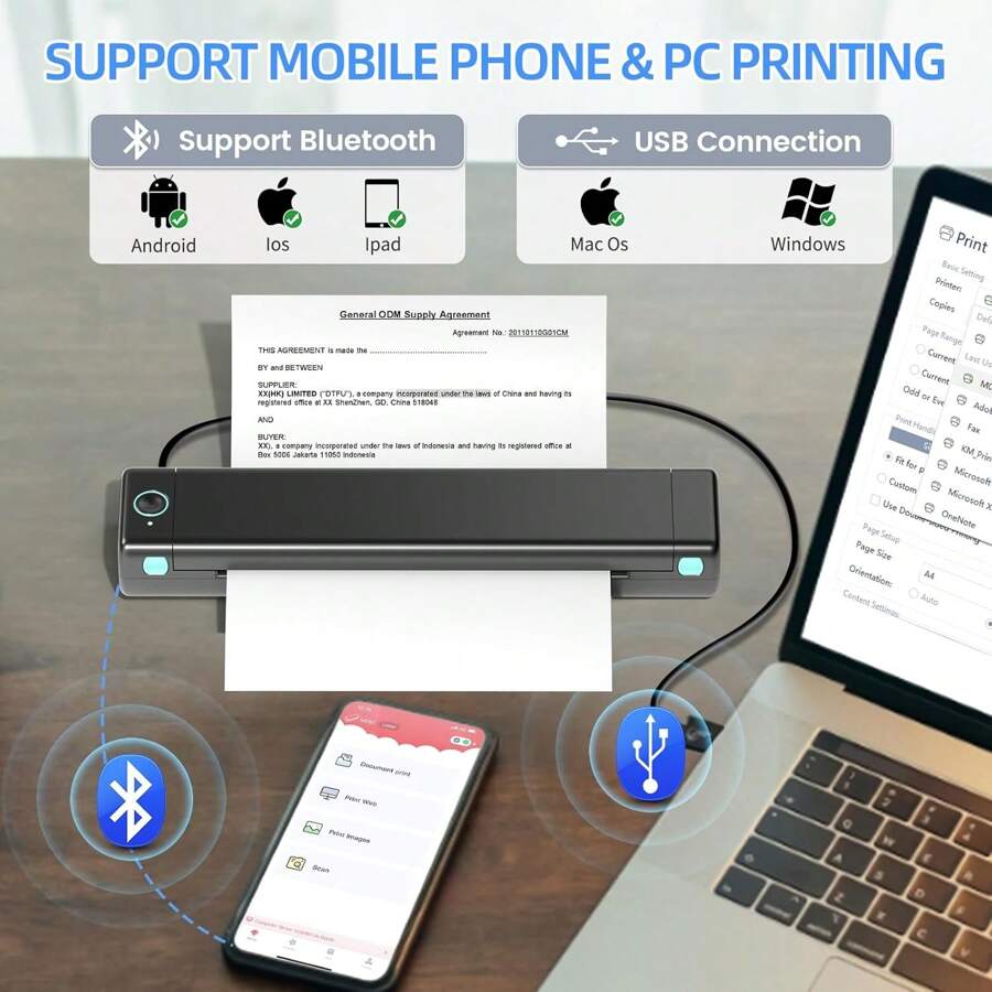 Imprimante Portable A4 Imprimante Bluetooth Thermique Mini Imprimante sans Encre Compatible avec Android et iOS et Ordinateur