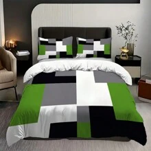 Bộ 3 vỏ chăn họa tiết kẻ caro xanh đen xám (1 vỏ chăn + 2 vỏ gối, không có lõi), trang trí phòng ngủ họa tiết thời trang, bộ chăn ga mềm mại và thoải mái - Nhiều màu - Xem 4