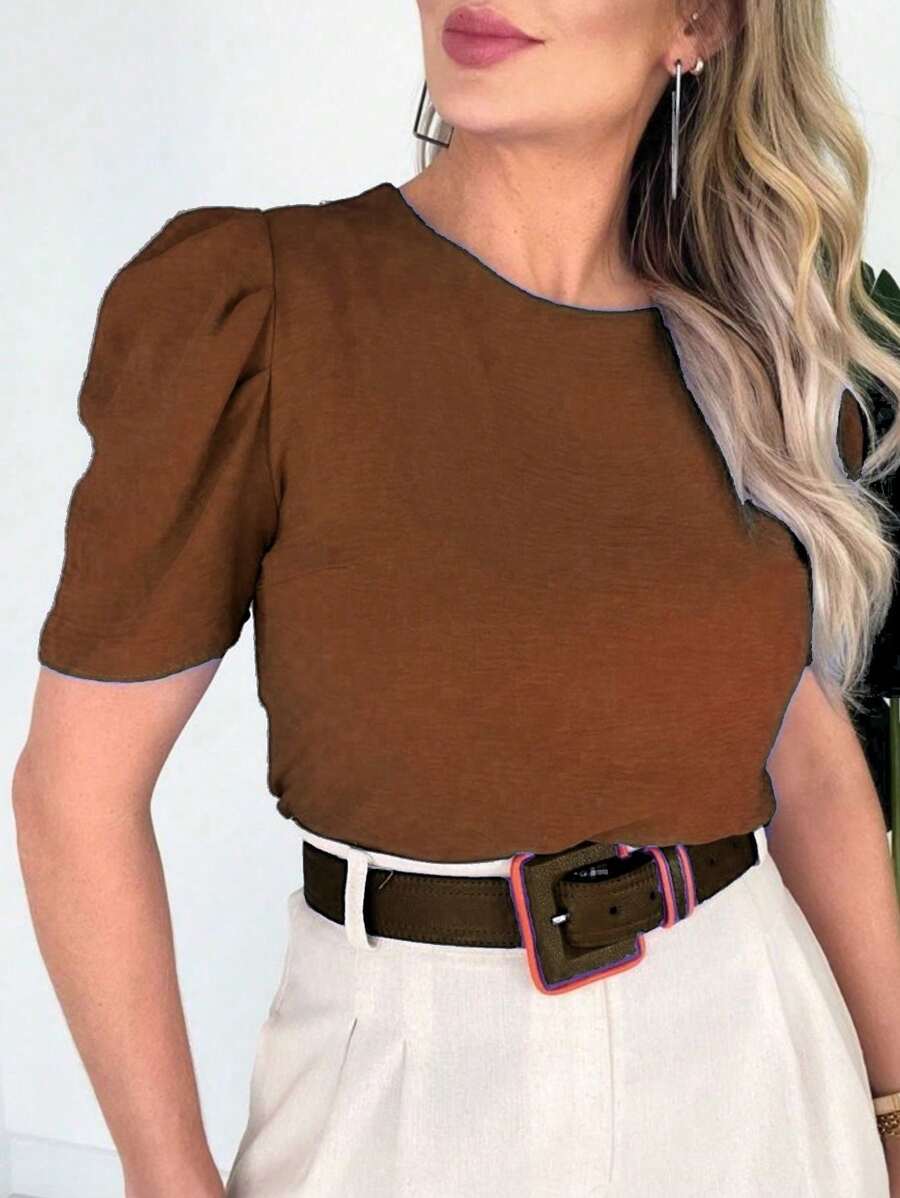 WOMEN'S BLOUSE SHORT SLEEVE PRINCESS PUFANTE DUNA - 巧克力棕 - 查看 1