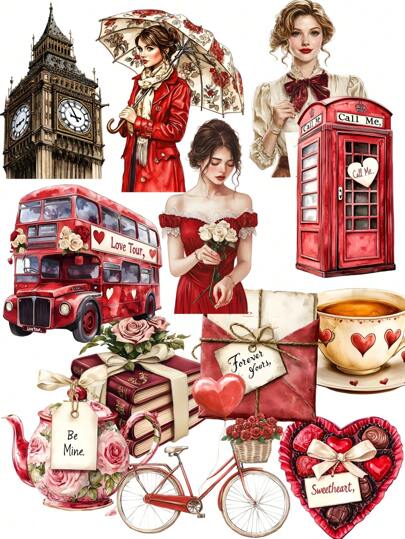 17 件复古水彩伦敦城市女孩/优雅时尚女孩/复古欧式厨房烹饪女孩装饰贴纸、DIY 剪贴簿、手机壳、iPad 装饰、相册美学用品、学校用品、返校