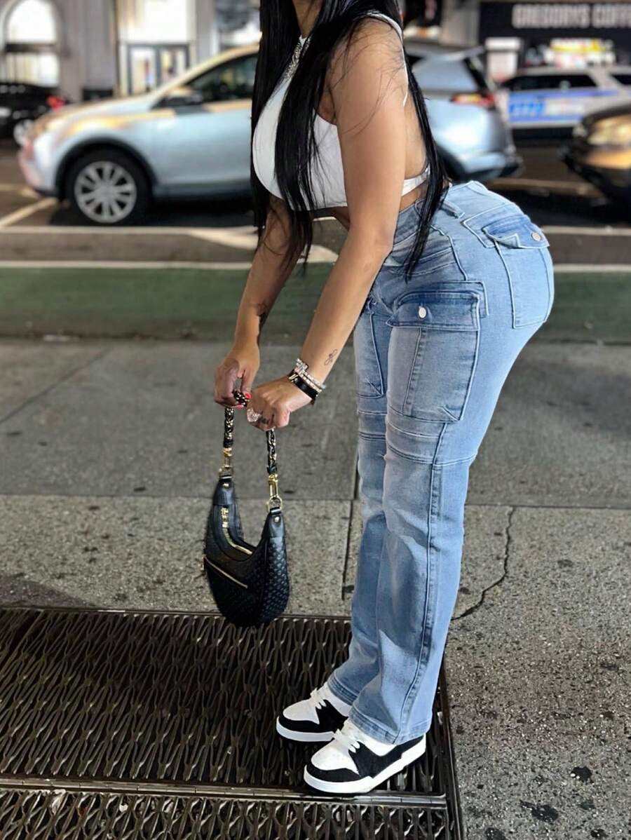 Y2K Street Style Utility Denim Jeans, Suitable For Music Festival - Blue - View 1