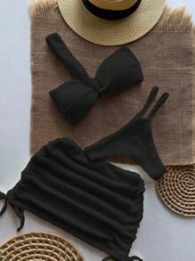 Set de 3 piezas Bikini sexy con un solo hombro, acanalado, con falda, estilo europeo y americano, para vacaciones de verano en la playa - Negro - Ver 1