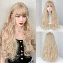 NAMM 亚麻金色长波浪假发，带刘海，蓬松波浪卷发，自然高密度耐热纤维假发，适合女士日常派对角色扮演初学者使用 24 英寸 - 亞麻金 - 查看 10