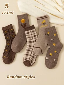 5 đôi tất len pha trộn họa tiết hoa và kẻ caro ngẫu nhiên dành cho nữ - Cà phê nâu - Xem 1