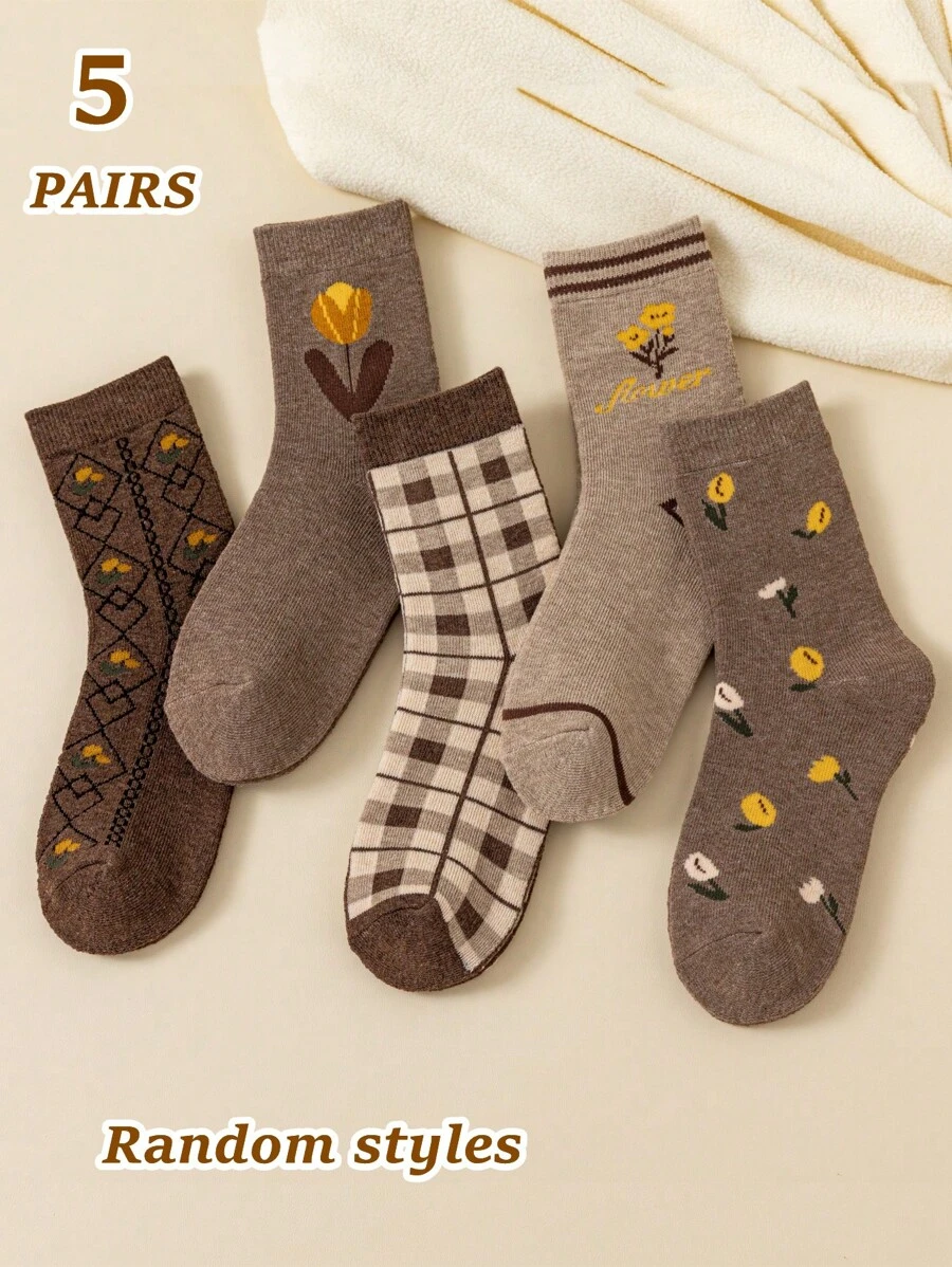 5 đôi tất len pha trộn họa tiết hoa và kẻ caro ngẫu nhiên dành cho nữ - Cà phê nâu - Xem 1