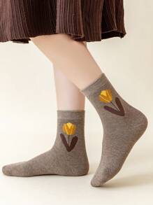 5 đôi tất len pha trộn họa tiết hoa và kẻ caro ngẫu nhiên dành cho nữ - Cà phê nâu - Xem 2