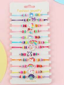 Set de 12 pulseras con colgantes ajustables hechas a mano de arcilla polimérica con diseños de unicornio, mariposa, flor, fruta, gato de dibujos animados y dinosaurio para niñas