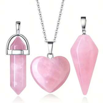 3pcs Healing Crystal Rose Quartz Crystal Pendant Necklace