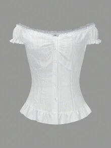 Y2K学院风春季女装，情人节特惠，白色蕾丝拼接纽扣设计可爱梭织面料短袖休闲修身衬衫 - 白色 - 查看 4