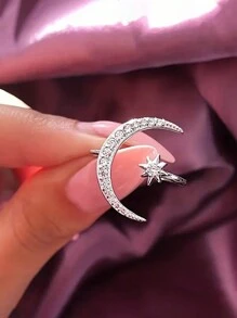1 pieza Anillo con diseño chic de luna y sol, con diseño de media luna de rhinestone brillante, anillo abierto ajustable, engaste de moissanita brillante, accesorio exquisito para uso diario y fiestas, regalo imprescindible para las fiestas, regalo para mujeres