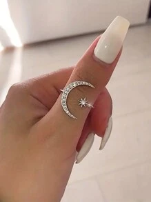 1 pieza Anillo con diseño chic de luna y sol, con diseño de media luna de rhinestone brillante, anillo abierto ajustable, engaste de moissanita brillante, accesorio exquisito para uso diario y fiestas, regalo imprescindible para las fiestas, regalo para mujeres