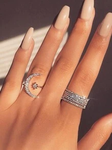 1 pieza Anillo con diseño chic de luna y sol, con diseño de media luna de rhinestone brillante, anillo abierto ajustable, engaste de moissanita brillante, accesorio exquisito para uso diario y fiestas, regalo imprescindible para las fiestas, regalo para mujeres