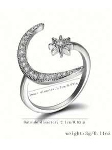 1 pieza Anillo con diseño chic de luna y sol, con diseño de media luna de rhinestone brillante, anillo abierto ajustable, engaste de moissanita brillante, accesorio exquisito para uso diario y fiestas, regalo imprescindible para las fiestas, regalo para mujeres