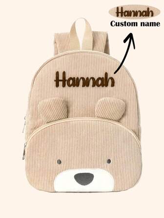 1pc Cute Kids Personalized Corduroy Animal Backpack | Embroidered Name Animal Backpack | Suitable For Preschool, Kindergarten, School Backpack | Back To School Gift | Creative Children's Day Gift | Casual Backpack For Kids Travel, Personalized Set,Multi-Functional,Ornamental,Letter,Stylish,Modern,Colorful,Cute,Adorable,Casual,Custom,Personalised,Unique,Customized,Ideal Gifts For Him,Ideal Gifts For Her,Halloween Edit,Back To School Fashion