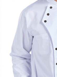 Unisex Solid Color Front Snap Button Long Sleeve Chef Jacket, Restaurant Kitchen Cooking Uniform
