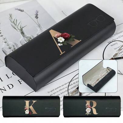 PU Hard Shell Myopia Glasses Case, Magnetic Closure Desktop Eyeglasses Storage Box, Minimalist Glasses Organizer, Protective Container For Home, Office, Travel, Back To School, 26 Alphabet Pattern