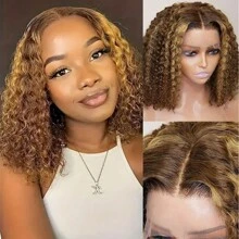 PAZAT Highlight Bob Wig Human Hair Pre Plucked Pre Cut, P4/27 Ombre Honey Blonde Curly Human Hair Wig For Women 13x4 Lace Closure Wig,180 Density