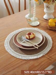 1pc 100% Linen Vintage Rustic Lace Edge Round Placemat, Suitable For Kitchen, Dining Table, Desk, Coffee Table, Vanity, Home Decor, Living Room, Bedroom, Yard, Indoor Outdoor, Camping, Villa, Holiday, Party, Wedding, Cabinet, Family Gathering, Holiday Decoration