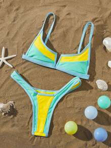 Women Contrast Color Strap Top And High Cut Bottom Sports Spaghetti Strap Bikini Set Set, For Summer Beach Vacation Elegant - Multicolor - View 1