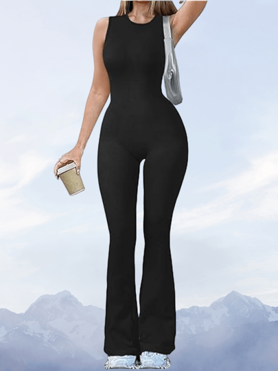 Women's Outdoor Sports Jumpsuit For Yoga, Round Neck Sleeveless Wide Leg Pants Design, Summer