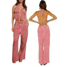 Women Summer Pants Outfits Stripe Tie-Up Halter Neck Backless Sleeveless Tank Tops Wide-Leg Pants 2 Pieces Clothes Set