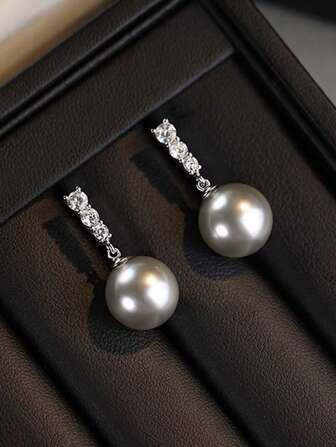 2pcs S925 Sterling Silver Elegant Pearl Earrings, Minimalist Cubic Zirconia Earrings, Chic & Refreshing Gift For Women, Party & Birthday