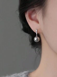 2pcs S925 Sterling Silver Elegant Pearl Earrings, Minimalist Cubic Zirconia Earrings, Chic & Refreshing Gift For Women, Party & Birthday - #1 - View 3