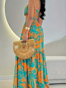 Đầm hai dây dáng rộng, thanh lịch, in họa tiết, phối nhiều mảnh, khoét lưng, bèo nhún, kiểu dáng thường ngày, thích hợp cho kỳ nghỉ, tiệc tùng mùa hè. - trái cam - Xem 2