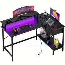 Superlele Makeup Vanity Desk With Power Outlets And LED Lights, 43 Inch Simple And Stylish Vanity Desk With Charging Port, Small Corner Desk Table With Drawer And Shelf, Birthday Gifts(*NO MIRROR)