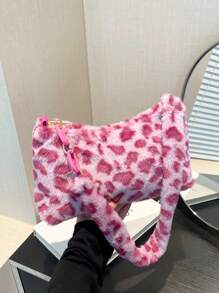 Leopard Print Fluffy Shoulder Bag (Print Placement Random), Perfectly Matching With Fall Outfits Women , Pink - Pink - View 8
