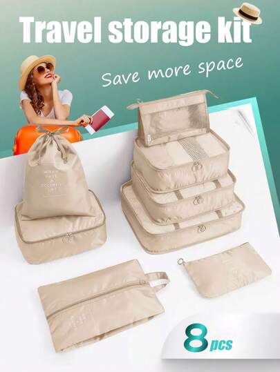 Set de 8 en 1 de kit portátil de almacenamiento y organización - Bolsa de maquillaje, Bolsa organizadora multifunción, Bolsa de cosméticos, Bolsa de viaje de gran capacidad, Bolsa para zapatos, Bolsa con cordón, Bolsa con cremallera, Bolsa de equipaje, Bolsa para ropa interior, Bolsa para electrónicos, Bolsa de malla, Bolsa de aseo, Embrague, Bolso de mano - Adecuado para viajes, ropa, cosméticos, brochas de maquillaje, accesorios, etc.