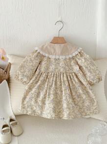 女宝宝碎花荷叶边领公主裙，多穿款春季休闲童装连衣裙 - 杏色 - 查看 10