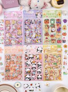 24 件 - 咕噜朋友系列，卡通可爱宠物剪膜笔记本贴纸，熊，兔子，蝴蝶结，甜点等元素，6 种不同款式/1 套，适用于 DIY 垃圾日记、书籍、笔记本、办公美术用品、手机和电脑自粘防水贴纸包 - 彩色 - 查看 1