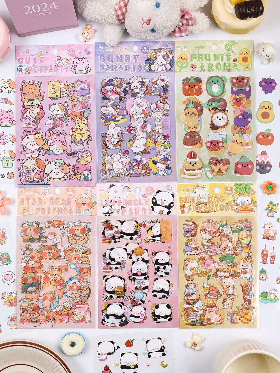 24 件 - 咕噜朋友系列，卡通可爱宠物剪膜笔记本贴纸，熊，兔子，蝴蝶结，甜点等元素，6 种不同款式/1 套，适用于 DIY 垃圾日记、书籍、笔记本、办公美术用品、手机和电脑自粘防水贴纸包 - 彩色 - 查看 1