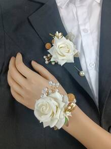 2件組金色珠飾與仿珍珠同色系聚酯纖維手腕花飾與胸花組合，花卉裝飾，適用於婚禮、夏季、新郎胸花、新娘伴娘手腕花飾 - 彩色 - 查看 10