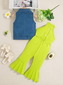 Conjunto de moda primavera/verano para niñas con chaleco vaquero y mono verde con tirantes, conjunto elegante para fiesta/viaje