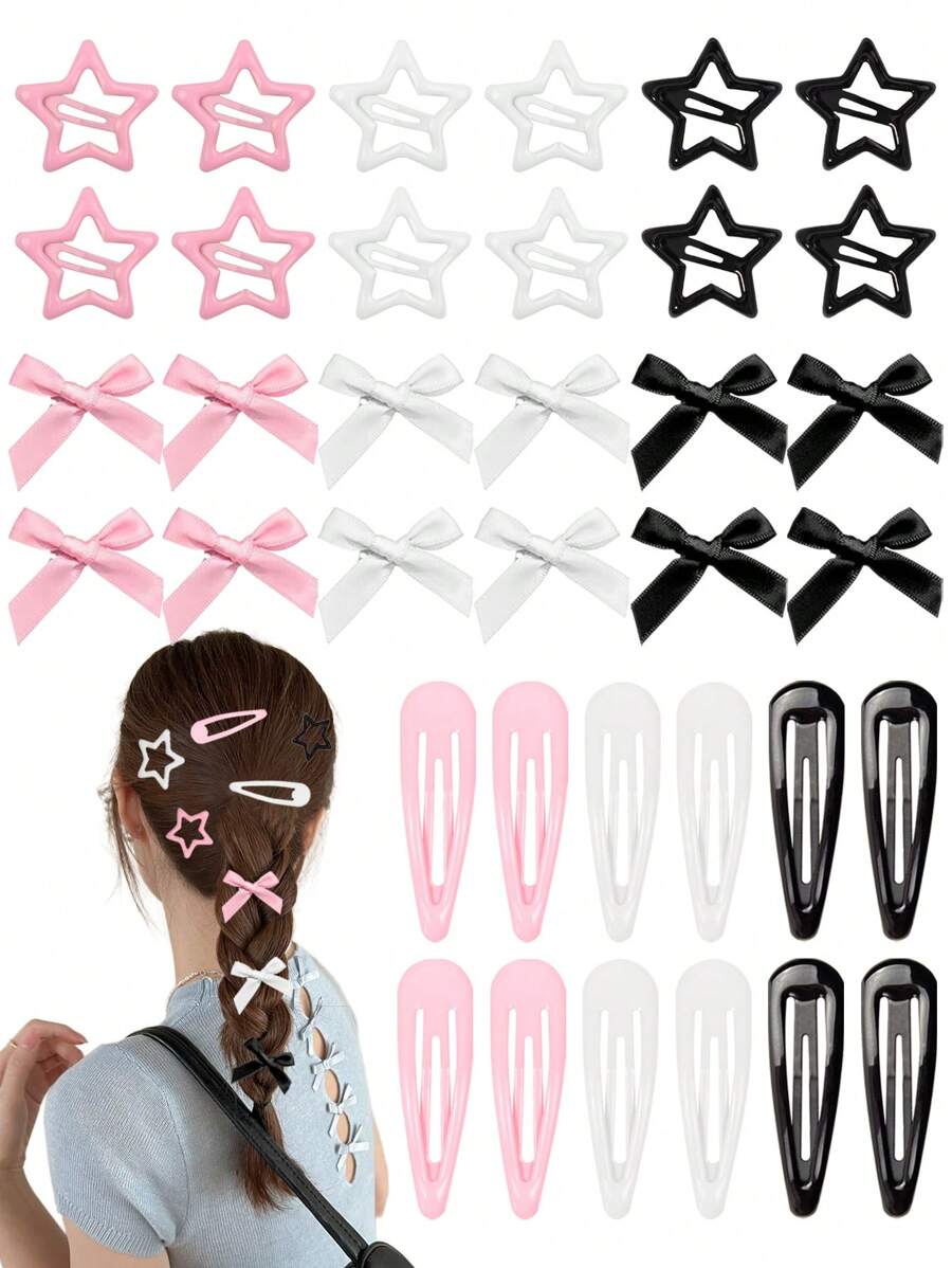 Bộ 36 kẹp tóc thời trang nữ hình nơ và ngôi sao nhiều màu sắc, kẹp tóc công chúa thanh lịch, phụ kiện tóc phong cách cổ tích Y2K, kẹp tóc màu hồng dễ thương, 3 màu, thích hợp sử dụng hàng ngày, quà tặng ngày Valentine, kẹp tóc càng cua, đồ dùng học tập, sinh viên, kẹp tóc màu hồng, nơ, phụ kiện đội đầu - trắng + hồng + đen - Xem 1