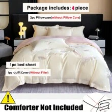 4pcs Soft Solid Color Brushed Feather Embroidery + Wide Hem Design Bedding Set (1 Duvet Cover + 2 Pillowcases + 1 Flat Sheet, Excluding Pillow And Comforter), Breathable, Machine Washable - Prosperity-white Powder - View 4