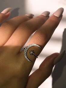 1 pieza Anillo con diseño chic de luna y sol, con diseño de media luna de rhinestone brillante, anillo abierto ajustable, engaste de moissanita brillante, accesorio exquisito para uso diario y fiestas, regalo imprescindible para las fiestas, regalo para mujeres