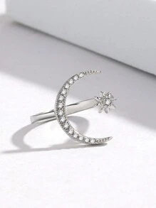 1 pieza Anillo con diseño chic de luna y sol, con diseño de media luna de rhinestone brillante, anillo abierto ajustable, engaste de moissanita brillante, accesorio exquisito para uso diario y fiestas, regalo imprescindible para las fiestas, regalo para mujeres