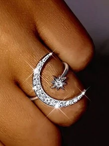 1 pieza Anillo con diseño chic de luna y sol, con diseño de media luna de rhinestone brillante, anillo abierto ajustable, engaste de moissanita brillante, accesorio exquisito para uso diario y fiestas, regalo imprescindible para las fiestas, regalo para mujeres